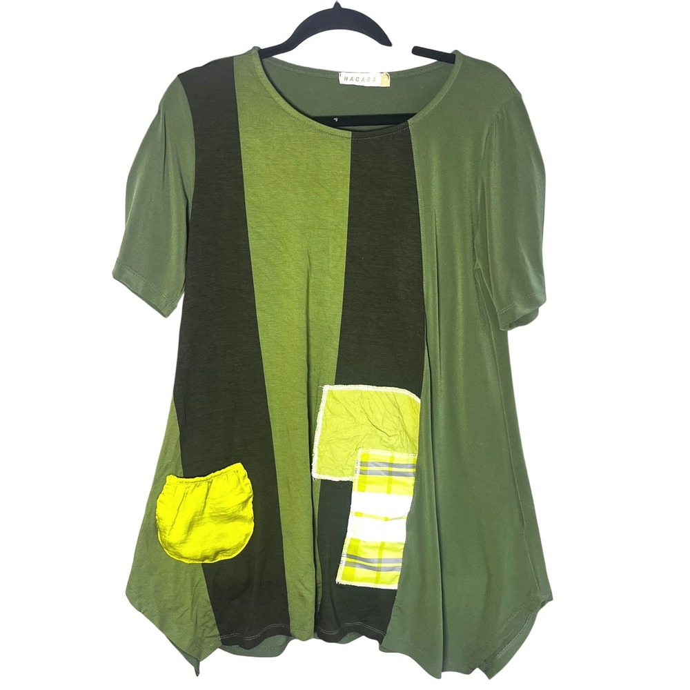Hagara Green Patchwork Tunic Top Asymmetrical Lagenlook Size 1 (M/L) Artsy Flowy